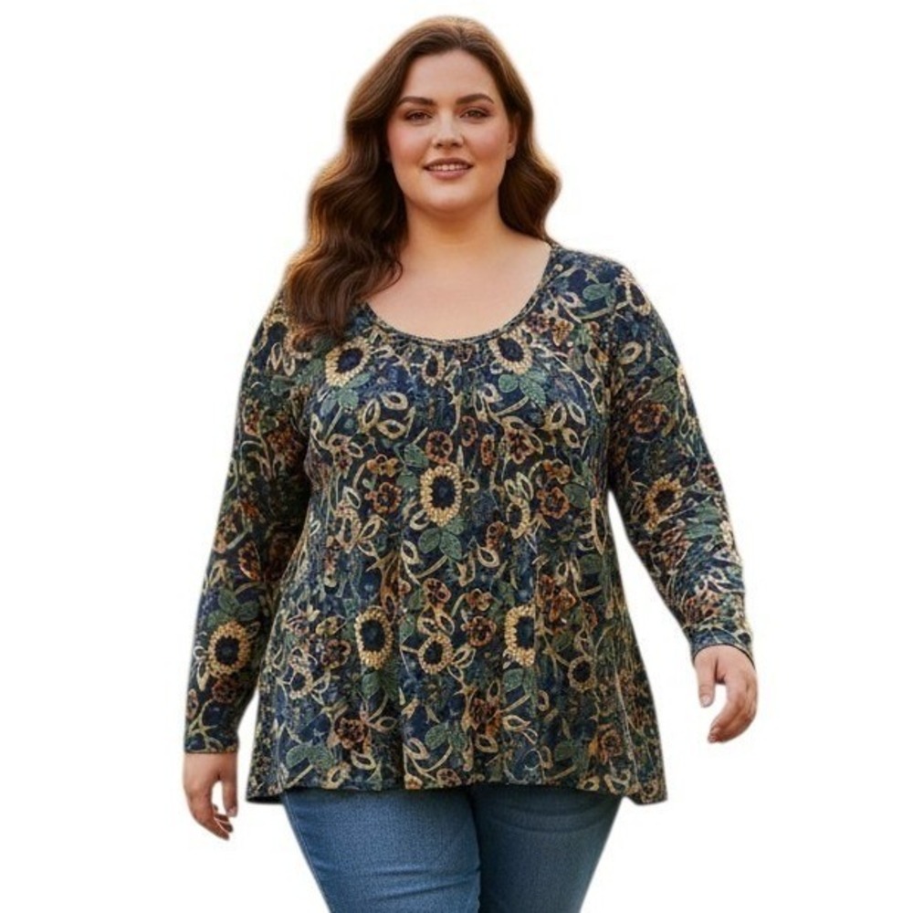 Natural Life Women size XL Autumn Fall Floral Cotton Casual Long-Sleeve Boho Top
